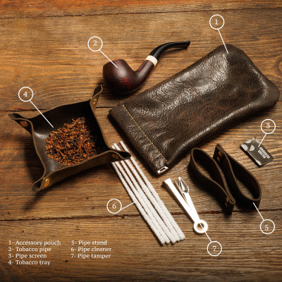 Leather Classic Tobacco Pipe Set, Pipe Pouch with Tobacco Pipe and Accessories (olive)