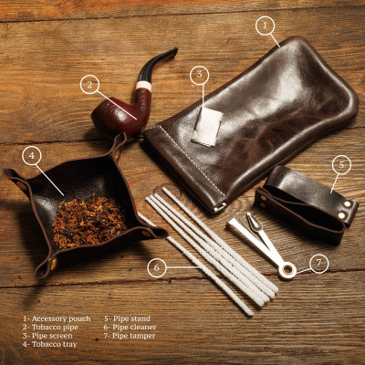 Leather Pipe Pouch with Tobacco Pipe and Accessories (dark chocolate)