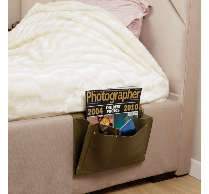 Made from premium leather, it exudes sophistication while offering durable storage for items such as remotes, phones, books, and more, ensuring that everything you need for a restful night's sleep is right at your fingertips.