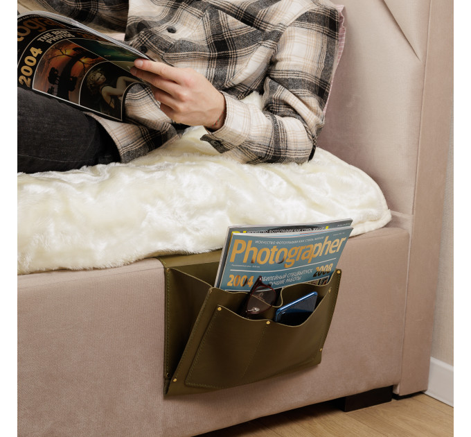 Made from premium leather, it exudes sophistication while offering durable storage for items such as remotes, phones, books, and more, ensuring that everything you need for a restful night's sleep is right at your fingertips.