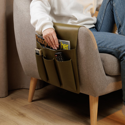 Leather Bedside Caddy: Olive Sofa Remote, Book Holder (olive)