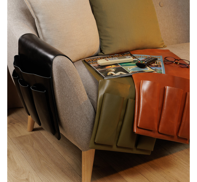 Elevate your living room organization with our leather arm chair caddy! Designed with meticulous attention to detail, our leather couch organizer serves for multiple storage solutions from housing your TV remotes to neatly storing magazines, tablets, and 