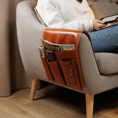 Personalized Leather Armchair Caddy: Living Room Couch Organizer (brown)