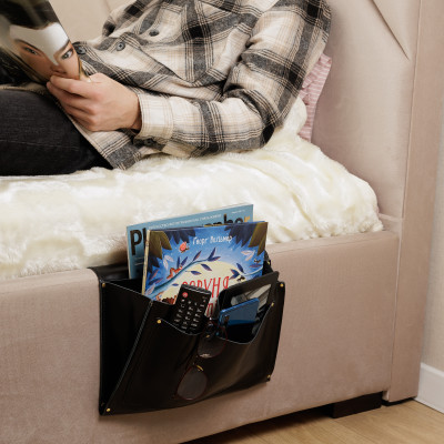 Personalized Leather Bedside Caddy: Hanging Bed Organizer (black)